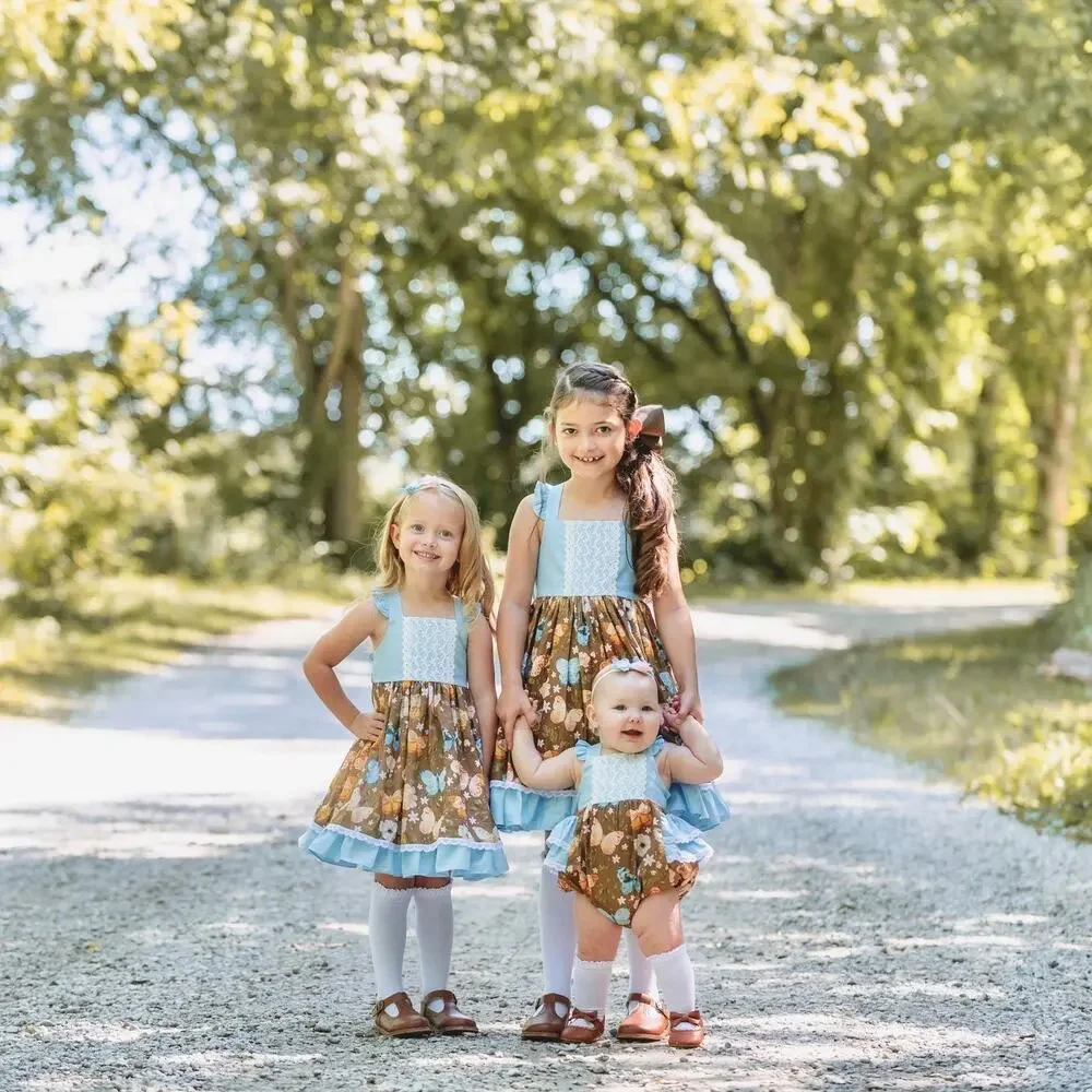 Ricrac & Ruffles Butterfly Dress Girls 3T Boutique Floral Blue Brown Ruffle Trim